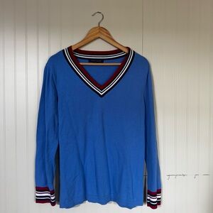 Tommy Hilfiger Blue V-Neck Sweater with Striped Trim
